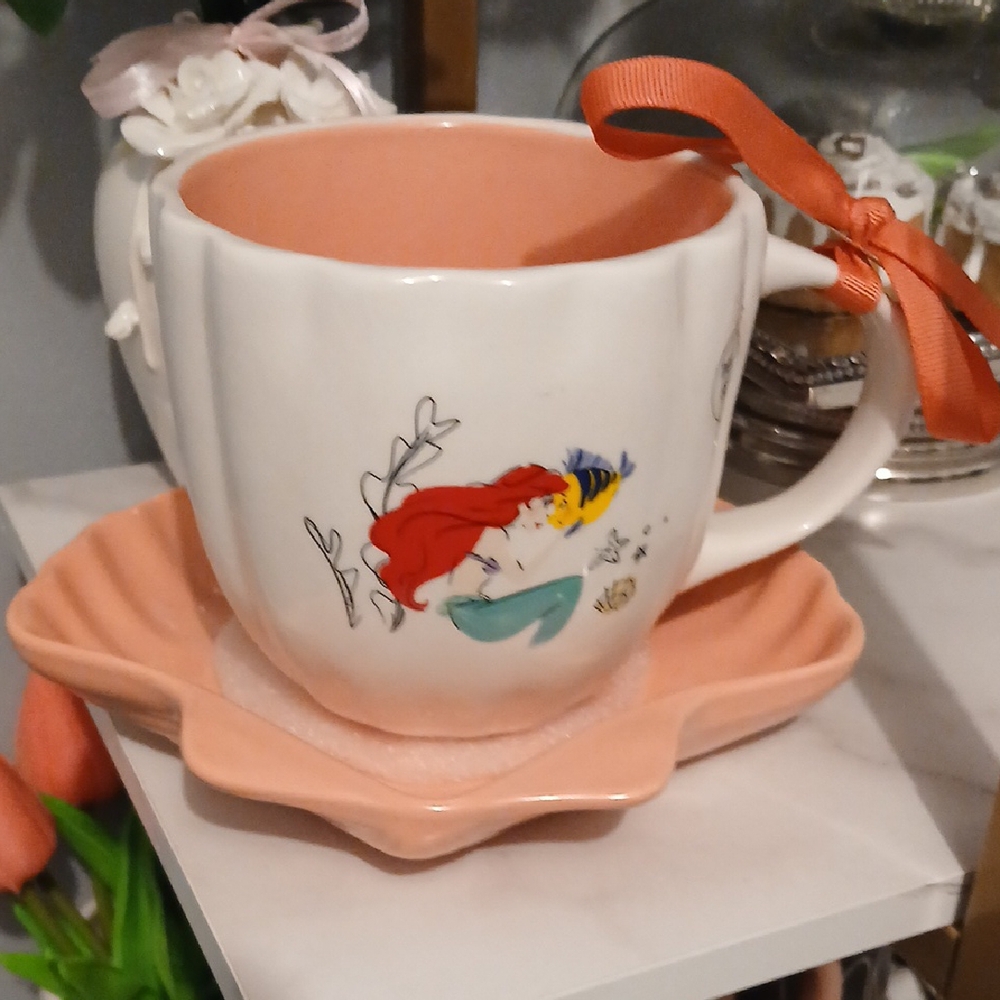 Rae Dunn Disney Double Sided Under the Sea Mug with Sea Shell Shaped Saucer NWT - Picture 5 of 7